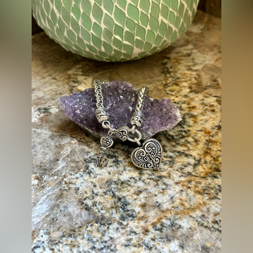 Silver Heart Key Charm Bracelet